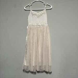 Zenzi Girls Size Large 10/12 Tan Lace Tulle Dress Tie Waist Sleeveless